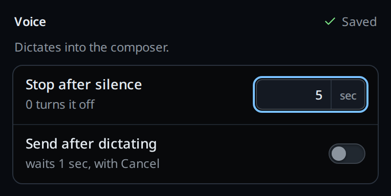 The field changed to 5, with a green check and "Saved" at the right of the Voice title.