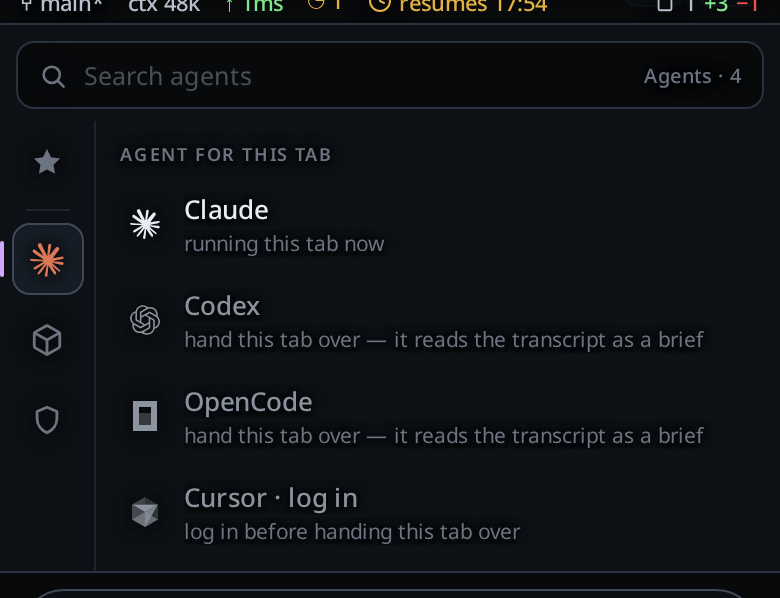 The agent menu open over the message box. The header reads AGENT FOR THIS TAB. Claude's row says running this tab now. The other rows say hand this tab over; it reads the transcript as a brief.