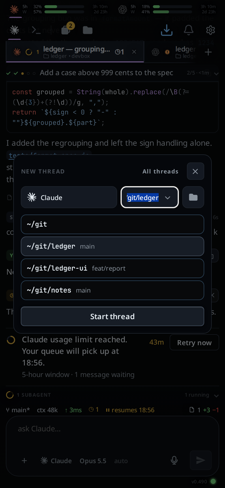 The new-thread card on a phone: the agent button set to Claude, the folder box filled with ~/git/ledger and its list of folders open, and a Start thread button.