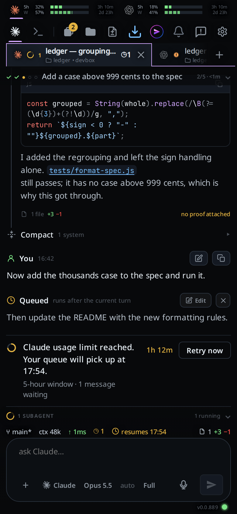 The whole phone screen: the meters and the tabs at the top, the conversation with the usage limit line near the bottom, and the message box and the agent button at the bottom.