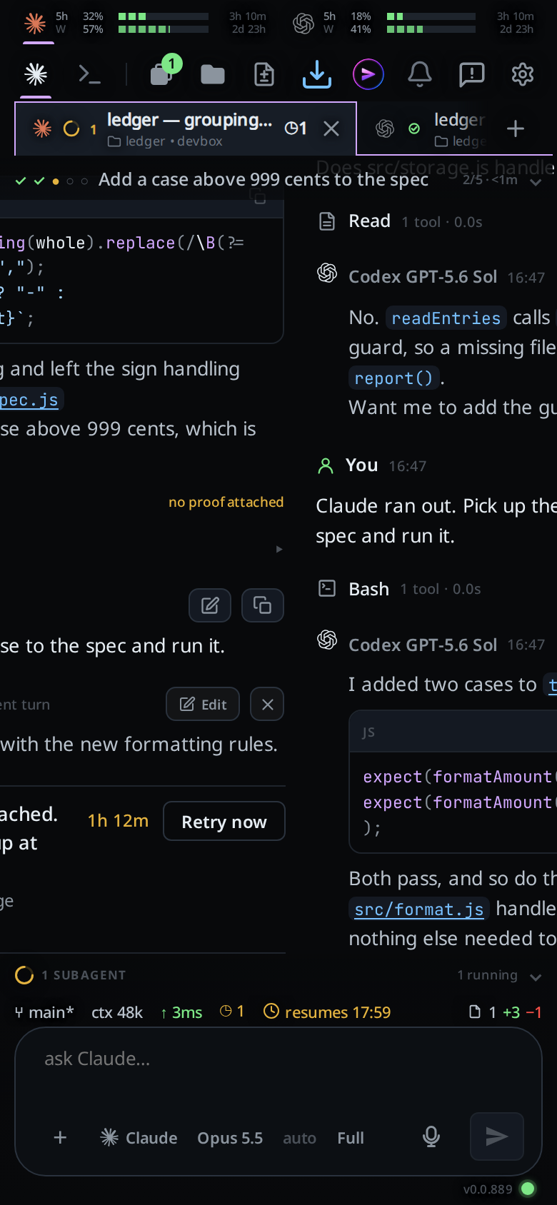 A swipe in progress on a phone: the conversation pushed aside with the next tab's page coming in behind it.