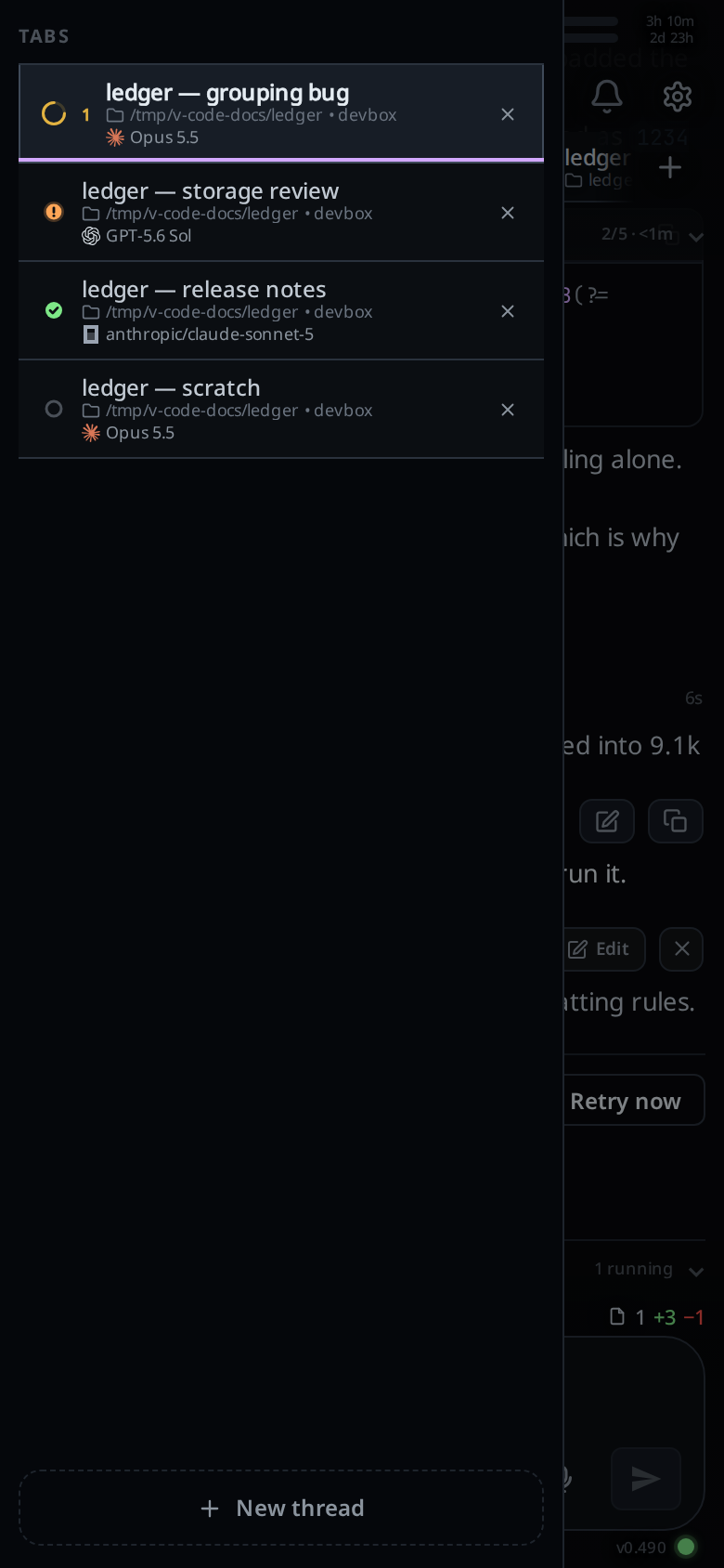 The tab drawer open on a phone: four tabs, one with a subagent running, one waiting with an orange exclamation mark, one finished with a green tick and one idle, and a New thread button at the bottom.
